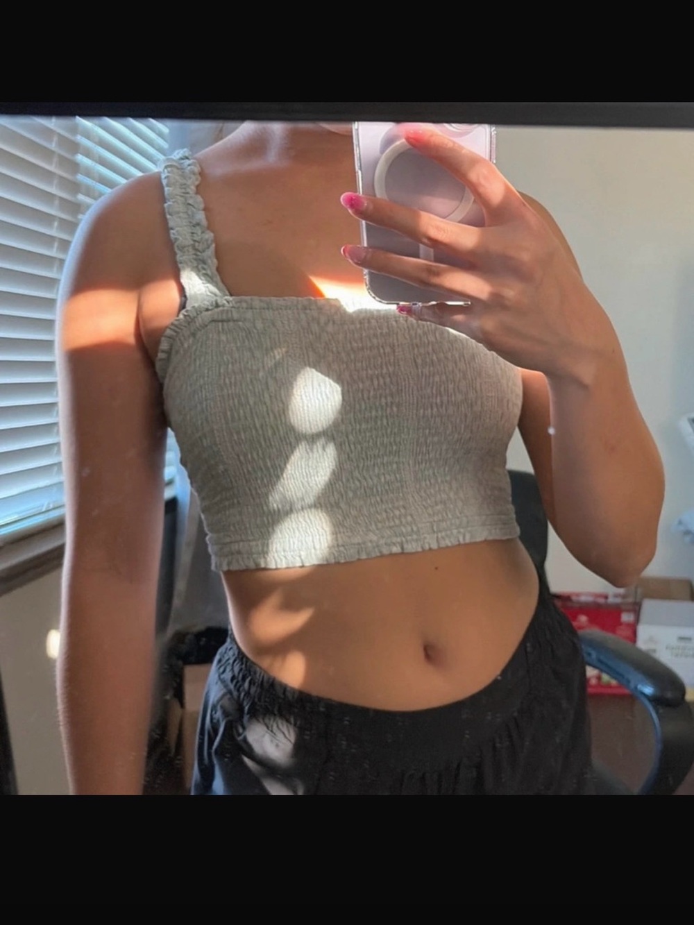 Smocked Square-Neck Crop Tank Top - Light Sage